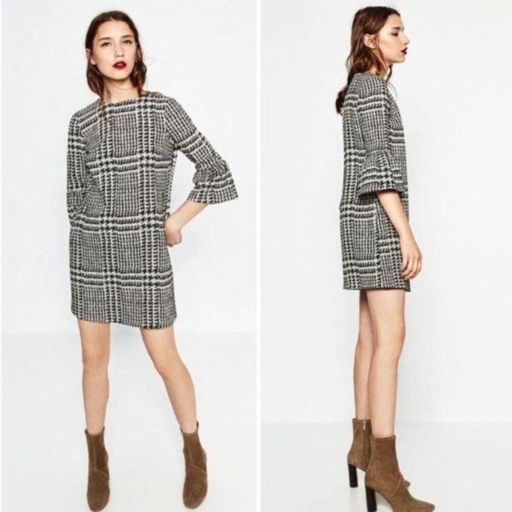 Zara Black & White Medium Textured Houndstooth Dress Bell Sleeve